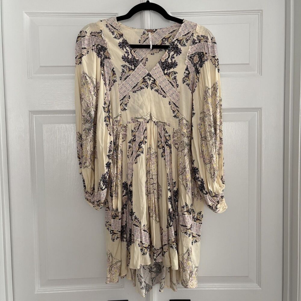 Free People Girl Talk Printed Tunic Top Dress Sz Medium Ivory Combo Boho Womens